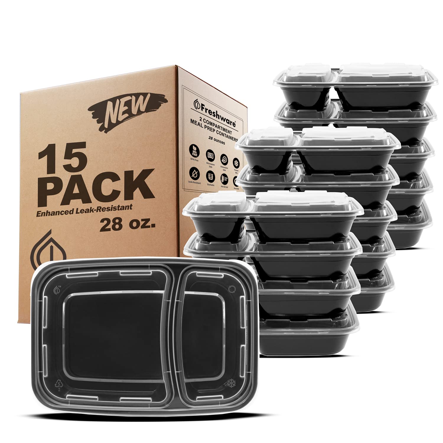 Freshware Meal Prep Containers [15 Pack] 2 Compartment with Lids ...
