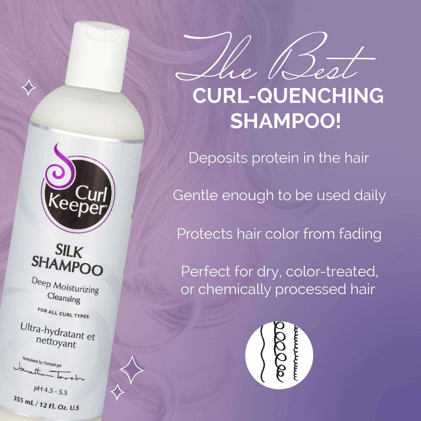 Curl Keeper Silk Shampoo for Curly Hair, 12 Fl Oz - Deep Moisturizing & Cleansing Daily Hair Shampoo with Silk Amino Acids for All Curl Types - Water