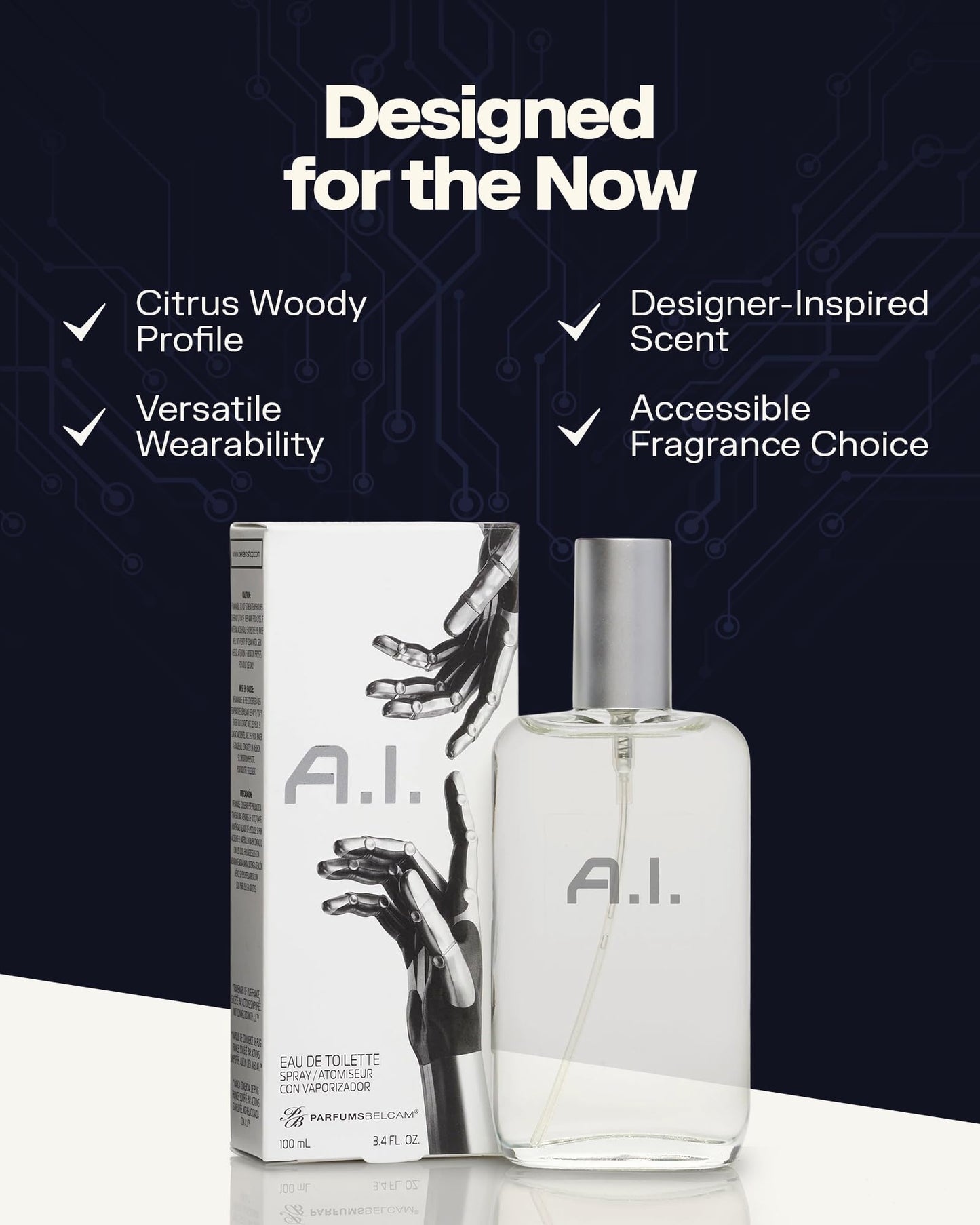 PB ParfumsBelcam A.I. Eau de Toilette Spray for Men - Futuristic Citrus Woody Cologne for Men with Lemon, Coconut & Tonka - Modern Tech-Inspired