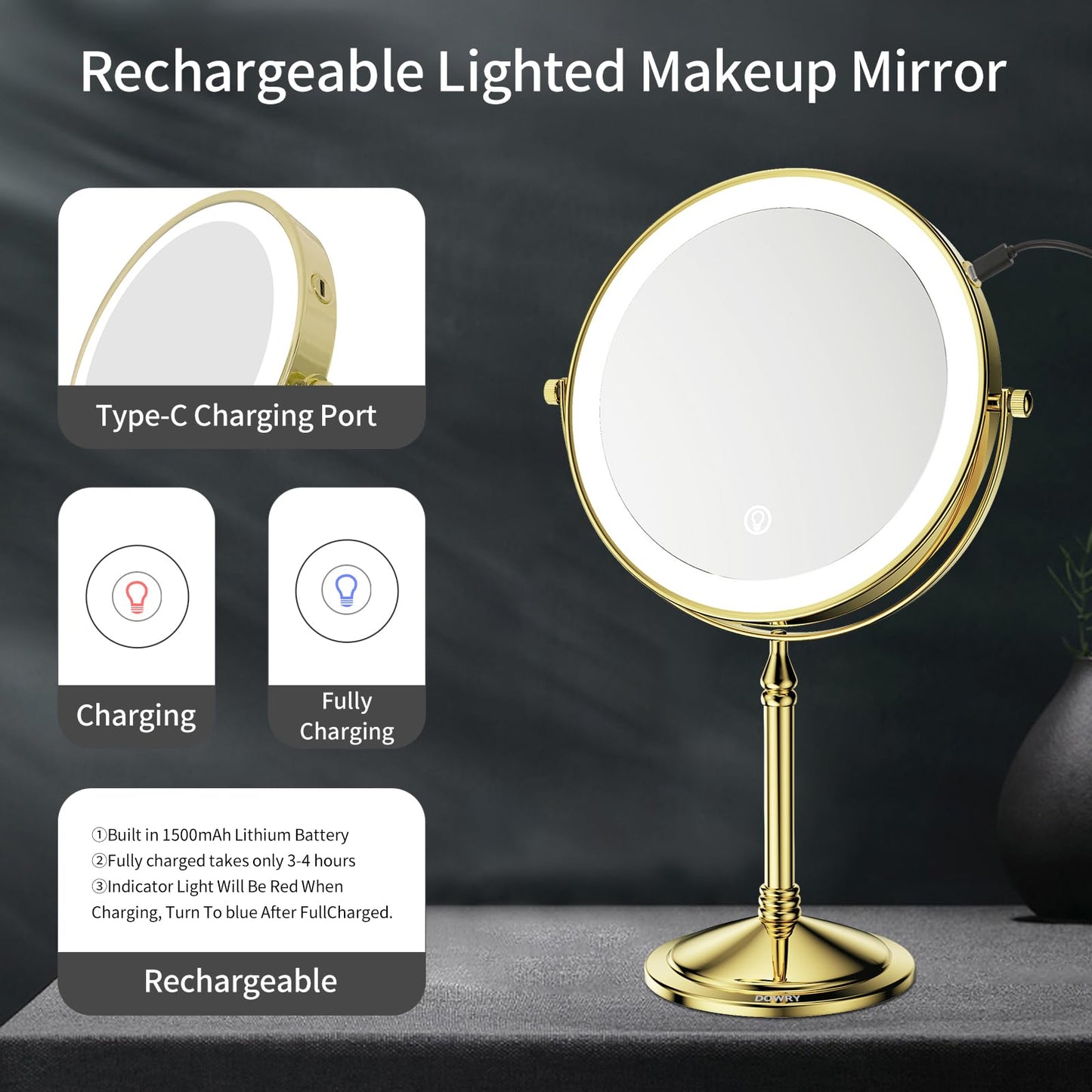 DOWRY 4000 mAh Rechargeable Lighted Makeup Mirror 10x Magnification Vanity Mirror Tabletop Two-Sided Swivel Gifts for Women Wife Mom Teengirls Gold