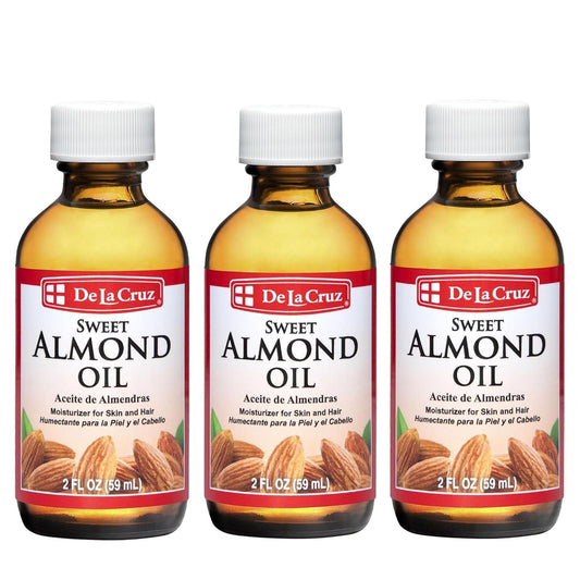 De La Cruz Sweet Almond Oil, Natural Hair and Skin Moisturizer, 3-Pack of 2 FL Oz Glass Bottles