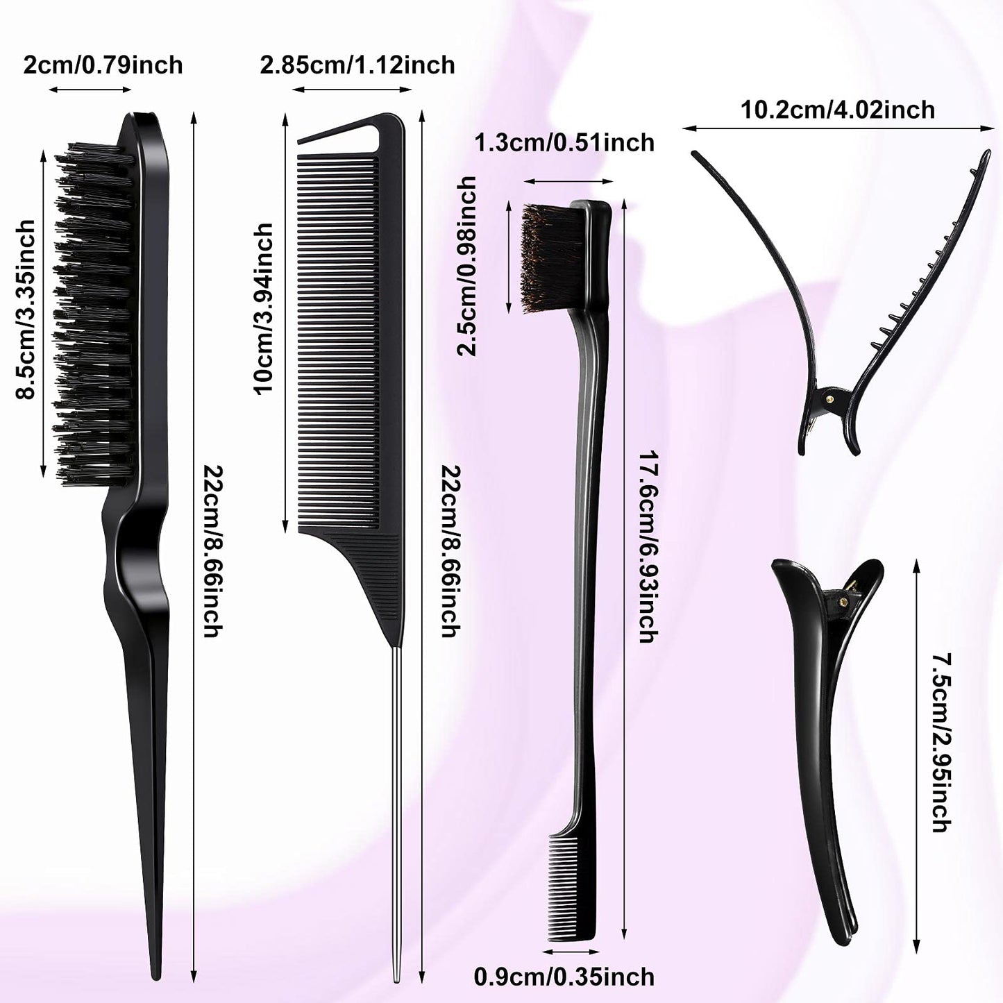 Remerry Hair Brush Set, 12 Pieces Nylon Brushes Including 3 Row Salon Teasing Brushes, Double Sided Edge Brush, Rat Tail Combs, Duckbill Clips