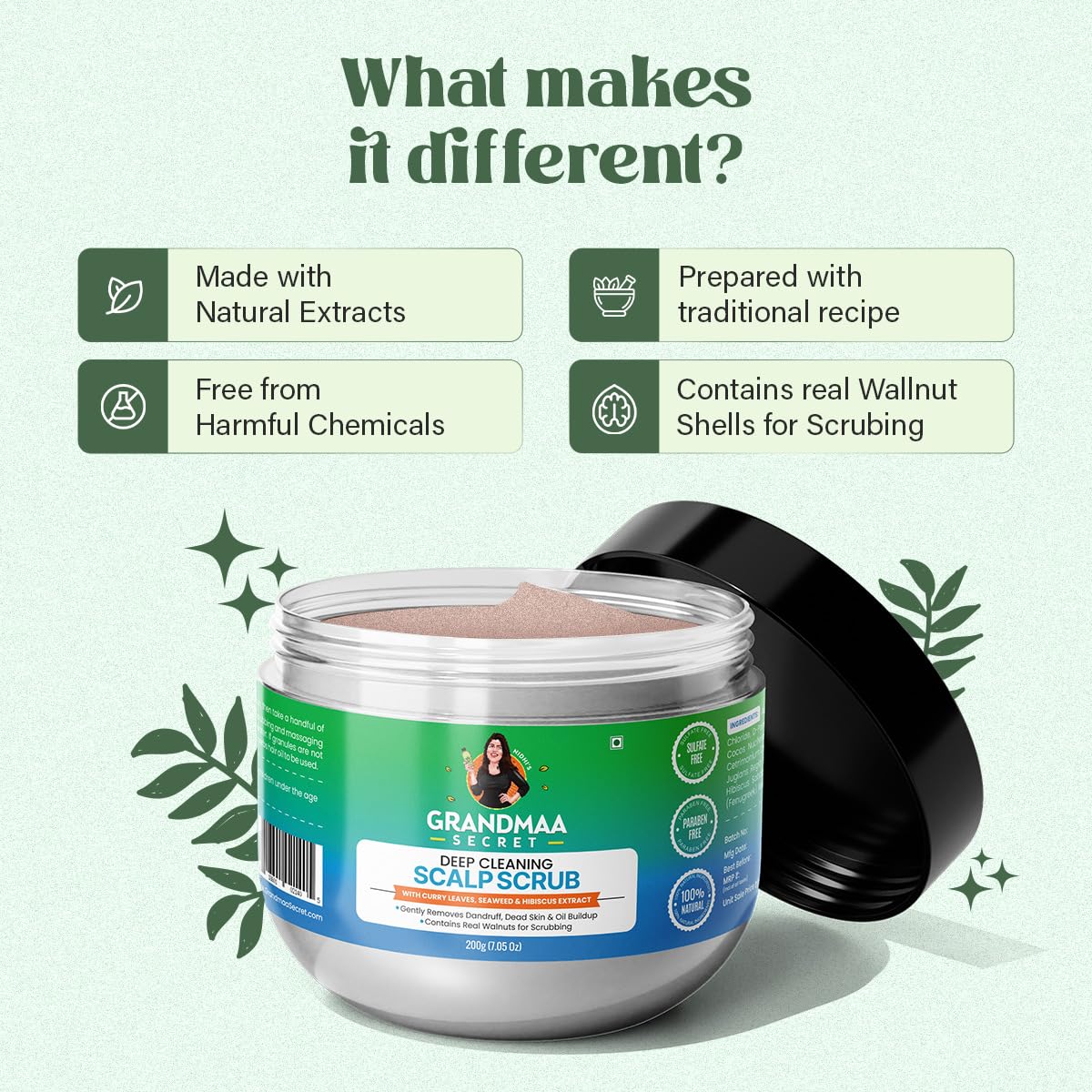 NIDHI’S GRANDMAA SECRET Scalp Scrub - Natural Curry Leaves & Seaweed Scalp Scrub for Dandruff, Buildup, Dead Skin - Cleansing and Exfoliating Dry