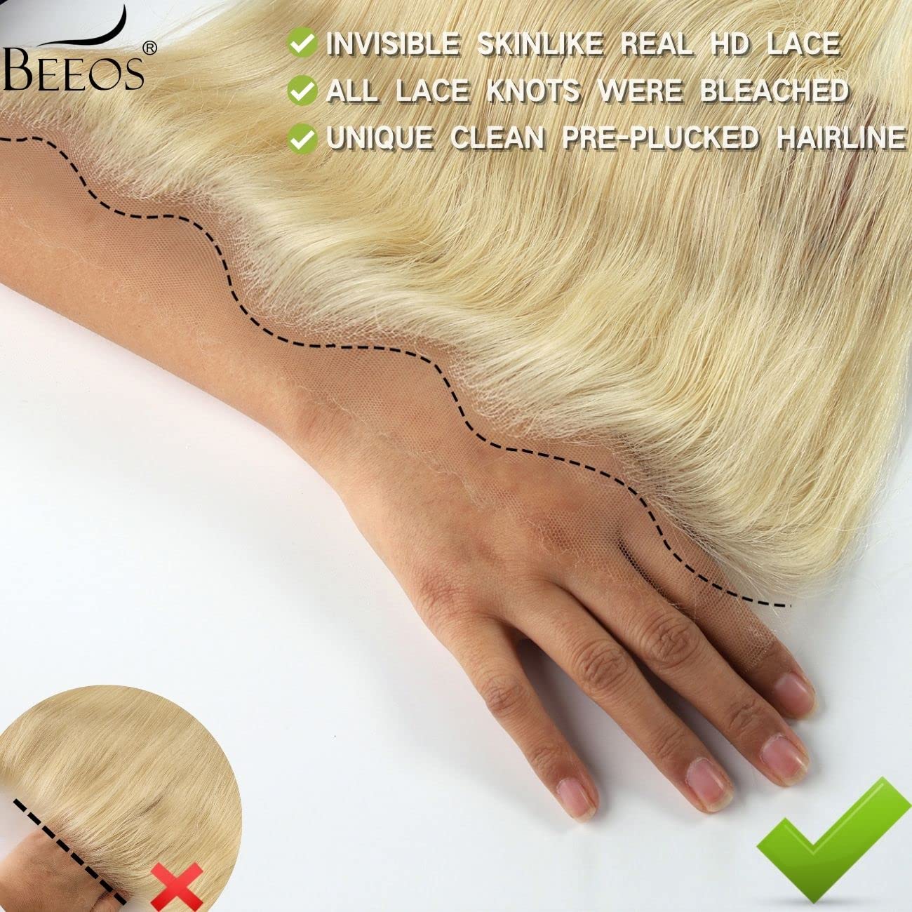 BEEOS 13x6 HD Lace Frontal with Hairless Cap Sew On, Pre-Plucked Bleached Knots Straight Human Hair Frontals 0.10mm Ultra-thin Invisible Lace 16 Inch Beauty and Personal Care BEEOS
