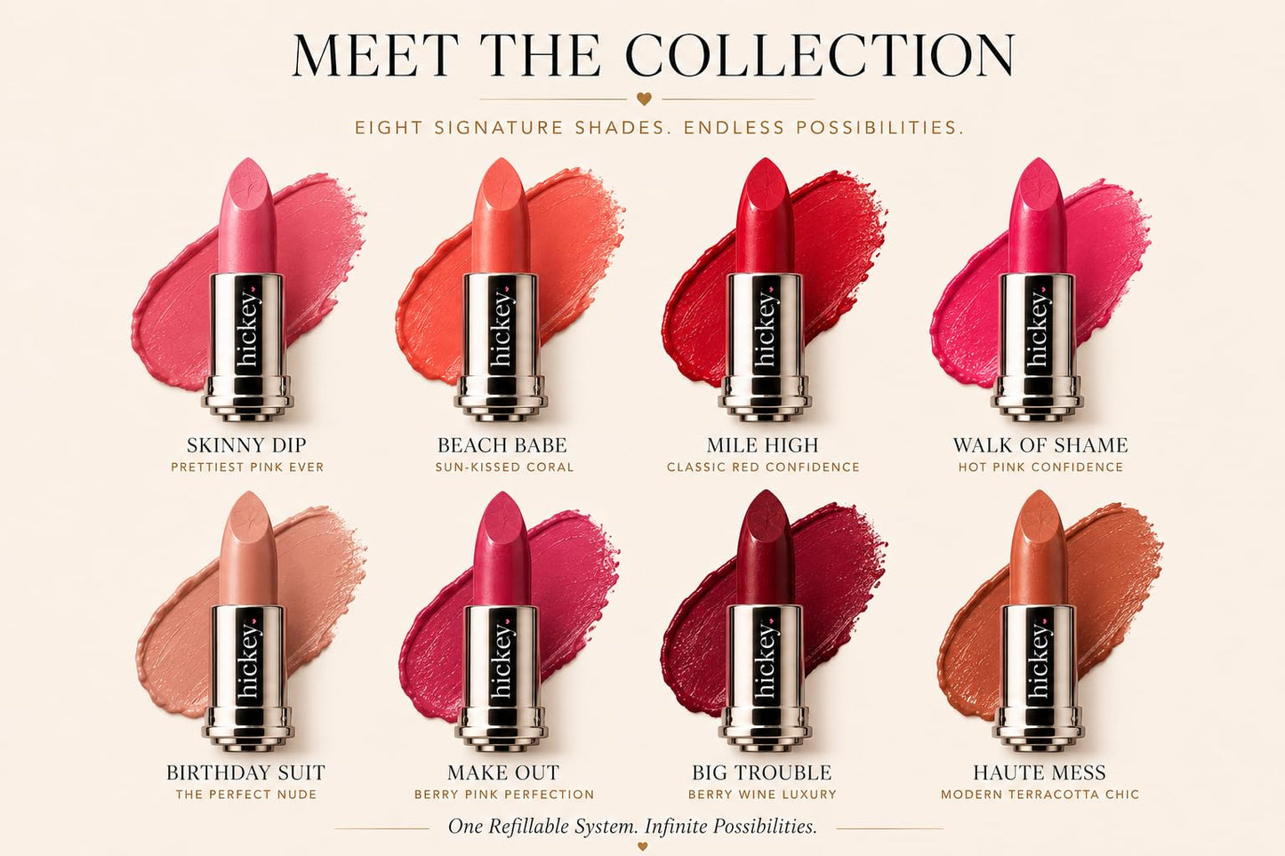 Hickey Lipstick The Vault Collection - 8 Piece Refill Set - (Mile High, Birthday Suit, Walk of Shame, Skinny Dip, Beach Babe, Big Trouble & More) -