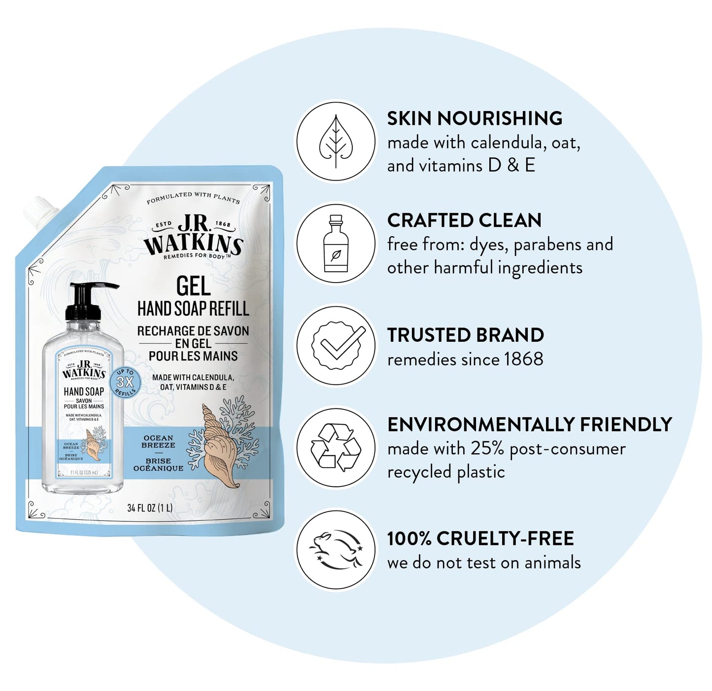 J.R. Watkins Gel Hand Soap Refill Pouch, Scented Liquid Hand Wash for Bathroom or Kitchen, USA Made and Cruelty Free, 34 fl oz, Ocean Breeze, 2 Pack