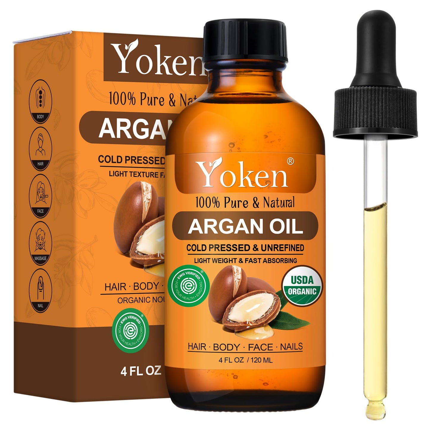 Yoken USDA Argan Oil 4oz, Cold Pressed Oil with Dropper for Hair Scalp Face Beauty and Personal Care Yoken Default Title