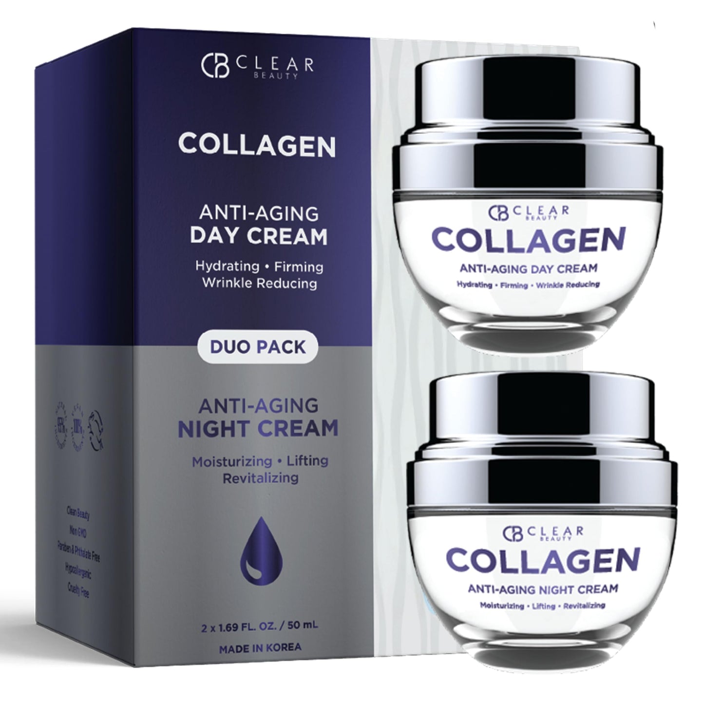Clear Beauty Collagen Day & Night Face Moisturizer - Dermatologist Tested, Anti Aging Korean Skin Care - Plumping Hydration, Elasticity Support, Silky