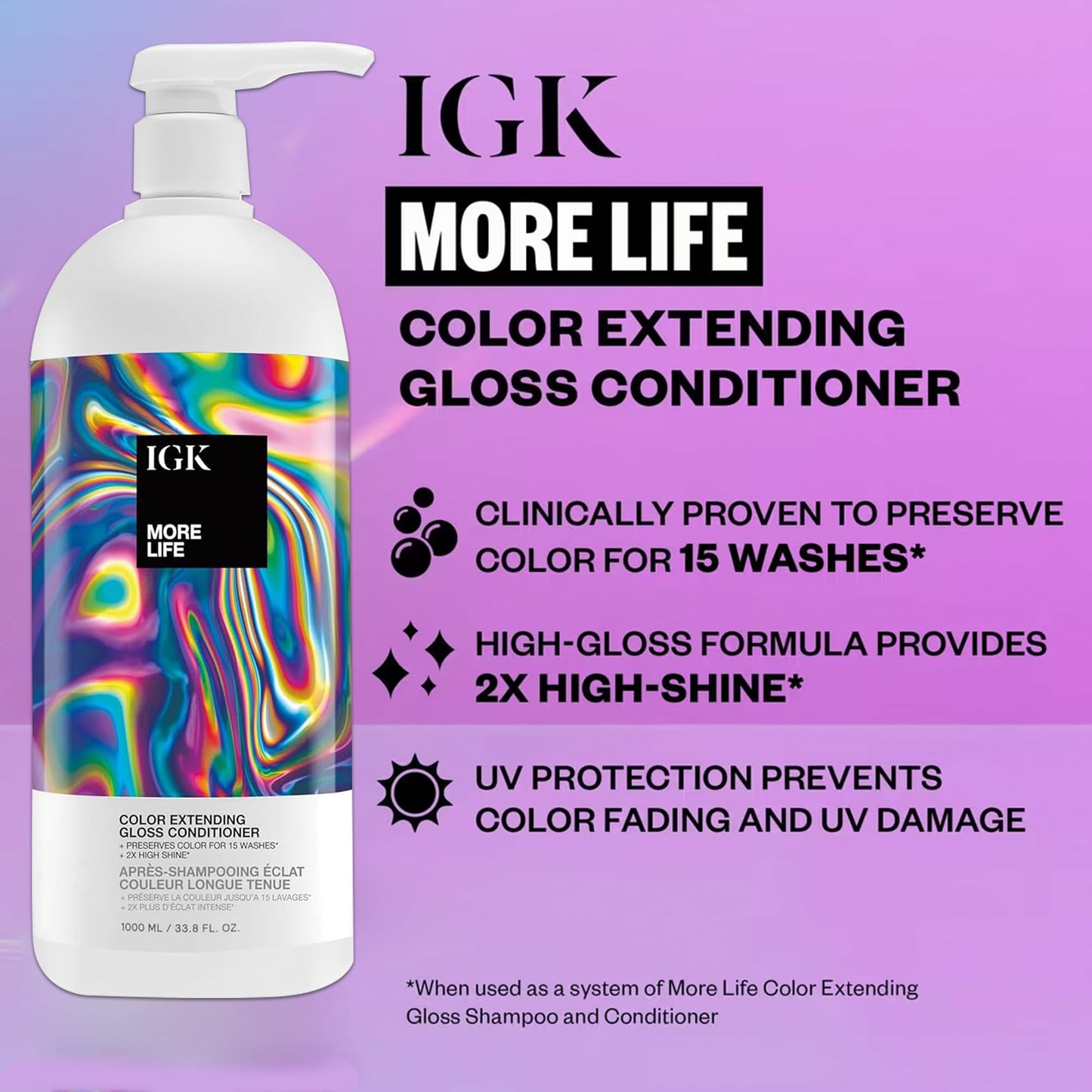 IGK MORE LIFE Color Extending Gloss Shampoo & Conditioner Set | Preserves Color + Enhances Shine | UV Protection | Vegan + Cruelty-Free | 33.8 oz