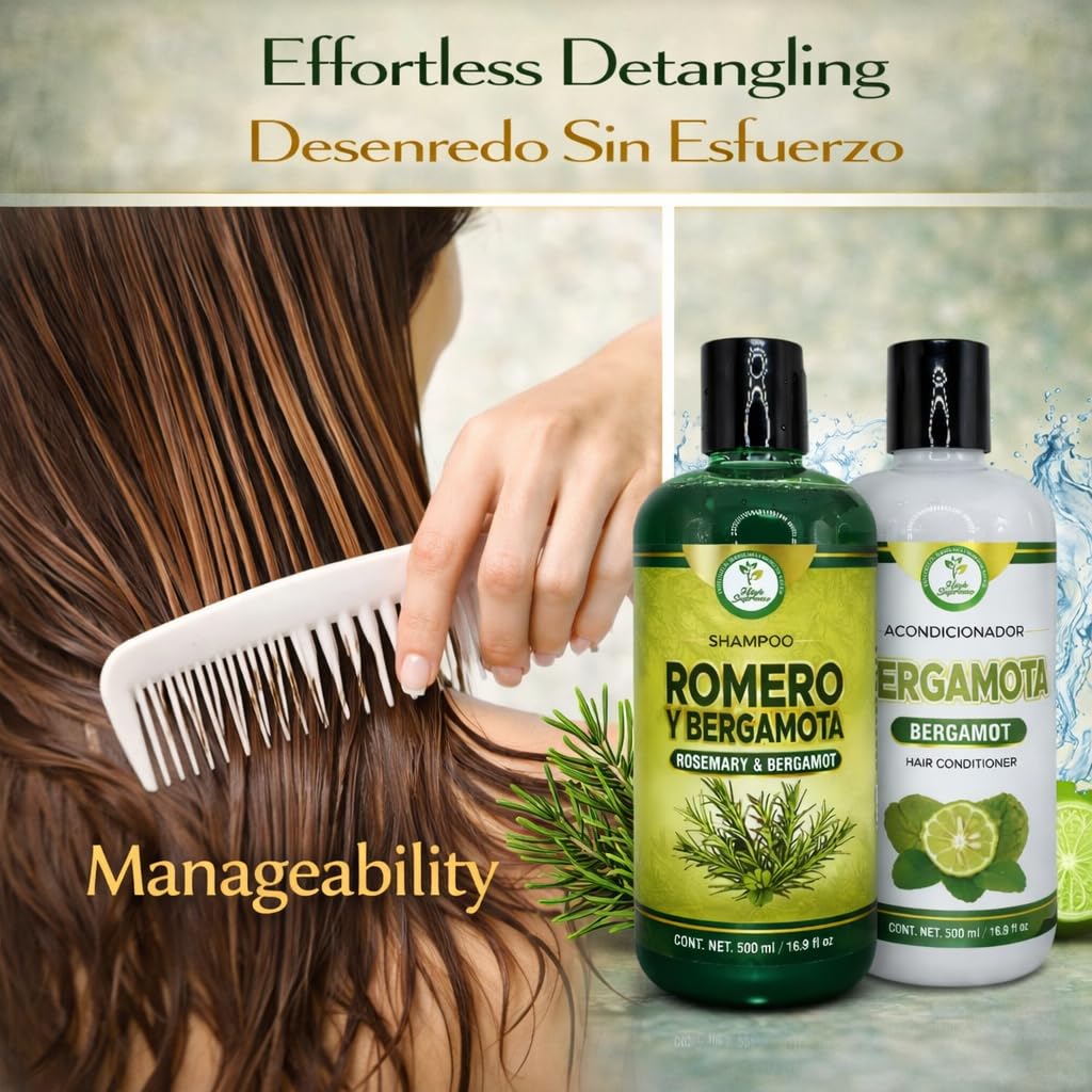 Romero & Bergamota (Rosemary & Bergamot)Shampoo and Conditioner Set-16.9 fl oz Each (500ml) - Botanical Hair Care Duo - Hydrates, Enhances Shine