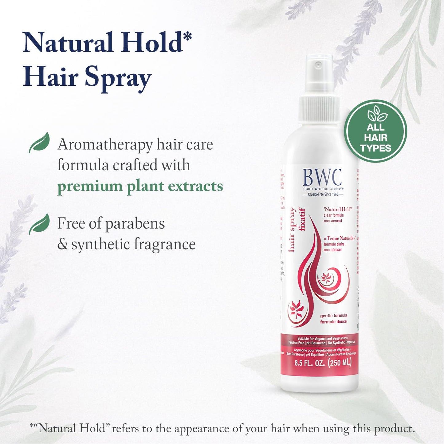 Beauty Without Cruelty Hair Spray, “Natural Hold” - Non-Aerosol Spray with Rosemary, Lavender & Green Tea Extracts, Vegan-Friendly & Cruelty-Free, 8.5