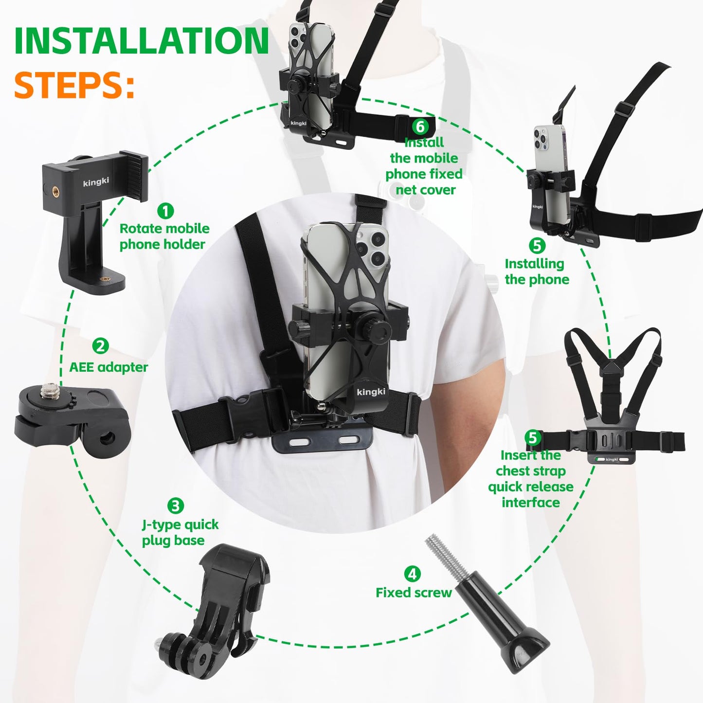 KINGKI Mobile Phone Chest Mount Harness Strap Holder Cell Phone Clip Action Camera POV for Samsung iPhone Plus etc