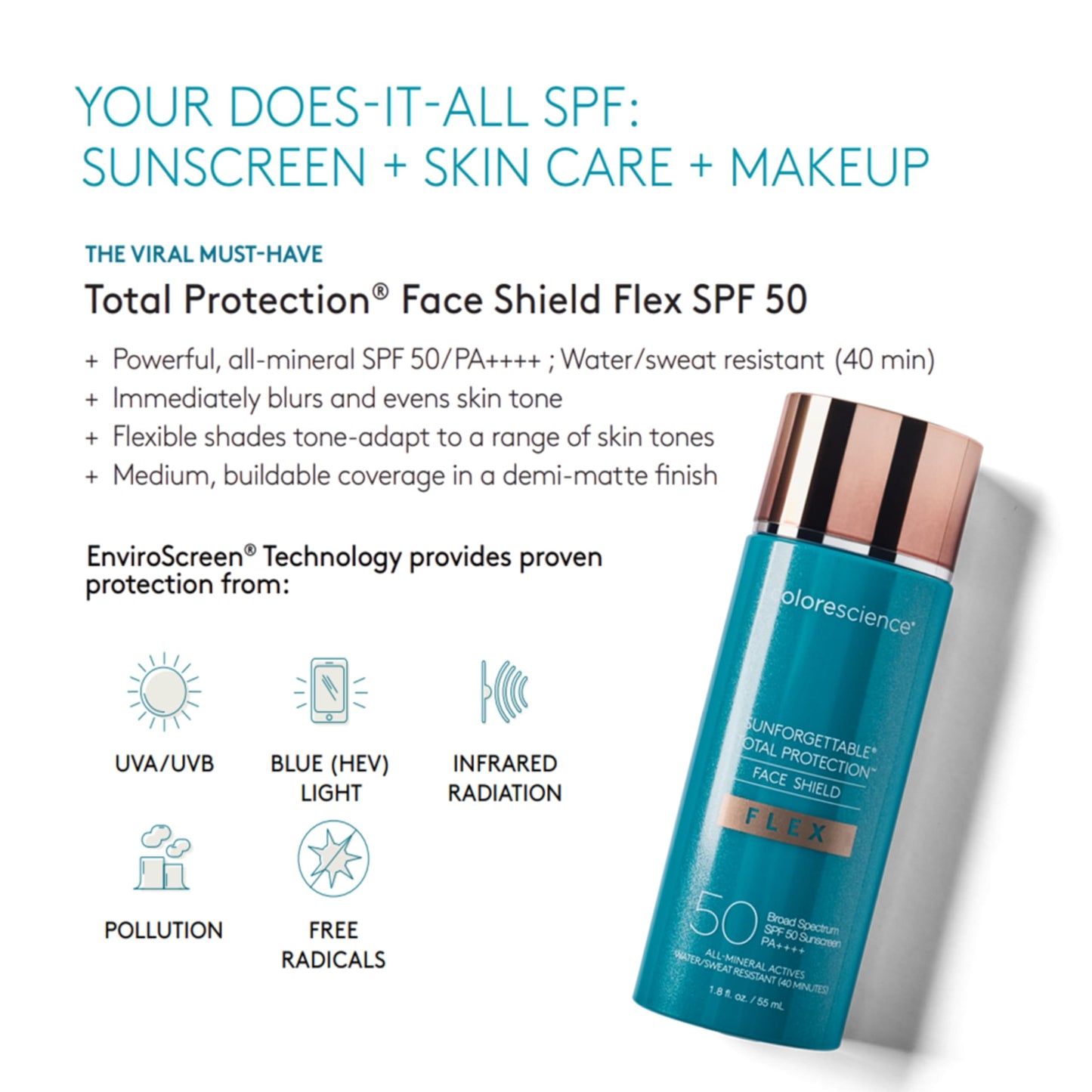 Colorescience FLEX Tinted Mineral Sunscreen SPF 50, Tone-Adapting Buildable Coverage with Zinc Oxide, Environmental Defense Against Blue Light