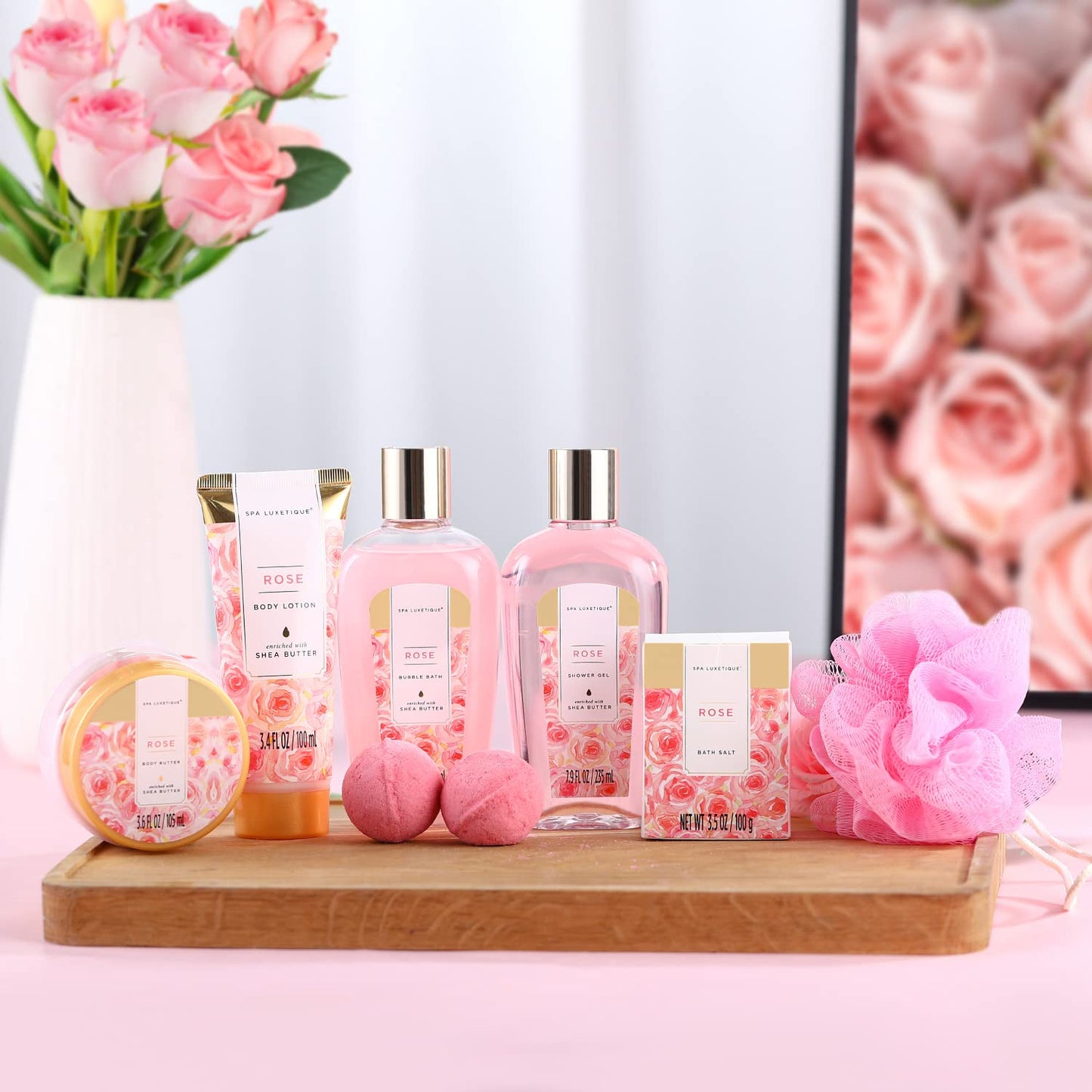 spa luxetique Gift Set For Women, Bath Sets for Women Gift, 8 Pcs Rose Spa Basket Includes Bubble Bath, Shower Gel, Body Lotion, Mom Birthday Gifts