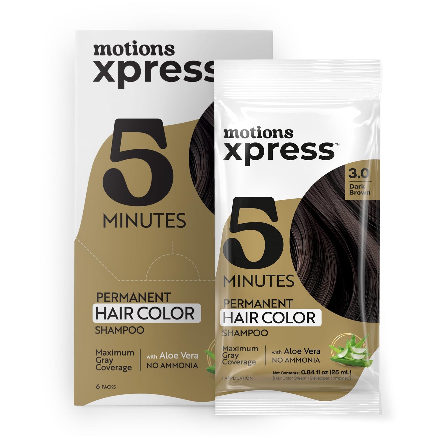 Motions Xpress Permanent Hair Color Shampoo Dark Brown - 5 Minute Color, Gray Coverage, Ammonia Free, Deep Shine Hair Dye Shampoo, 0.84 Oz