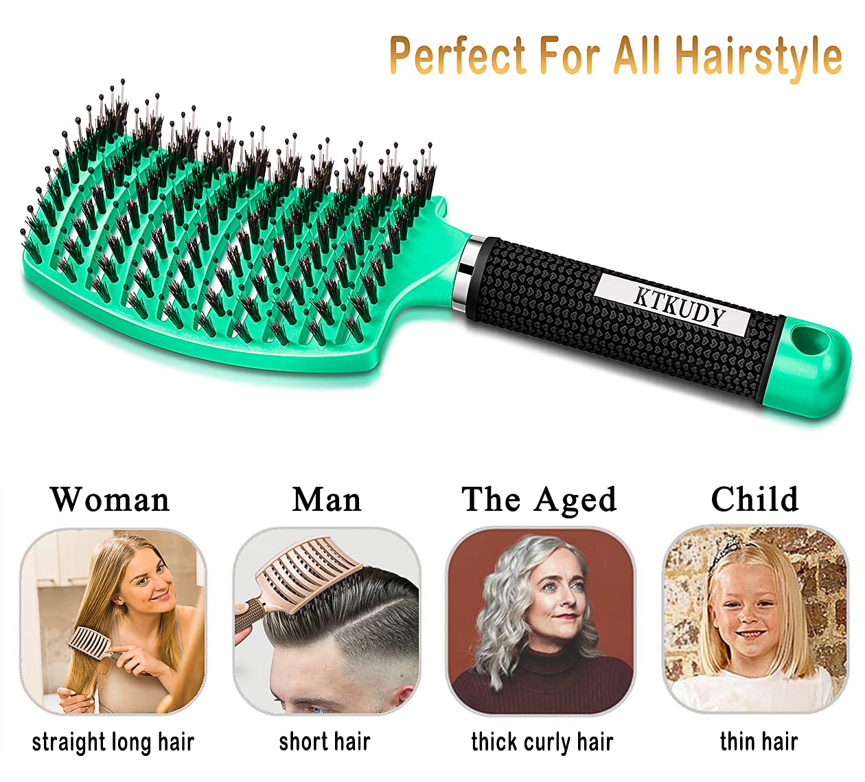 KTKUDY Detangling Brush Boar Bristles Hairbrush Make Hair Shiny & Healthier Curved and Vented Detangler Brush for Women Men Kids Wet & Dry Hair (Light