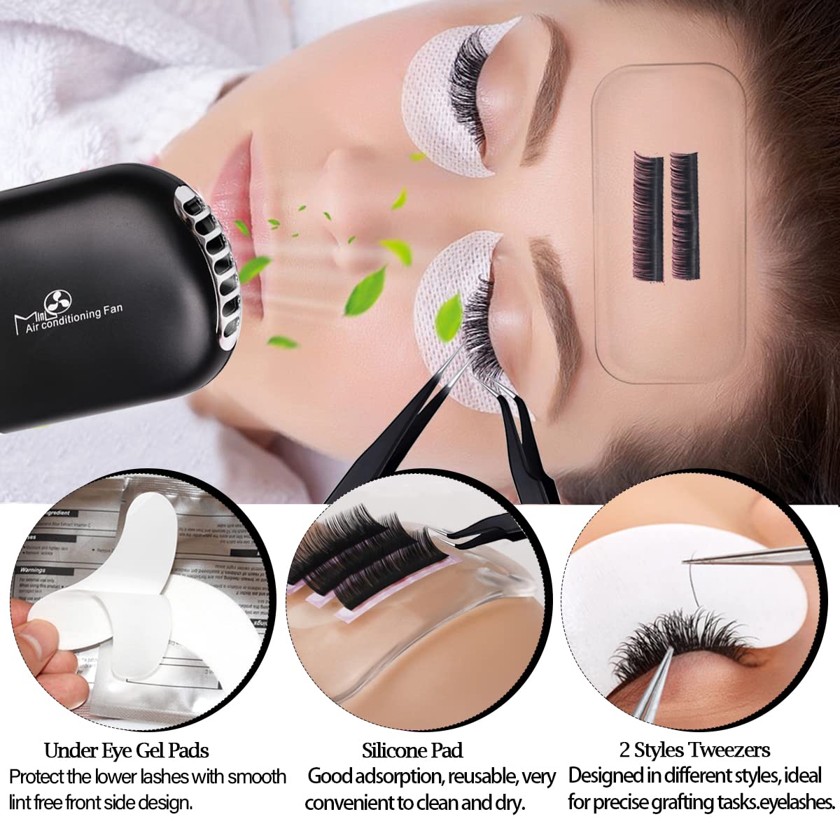 267 PCS Eyelash Extension Supplies Lash Extension Kit USB Air Conditioning Blower,Silicone Pad,Under Eye Gel Pads,Mini Makeup