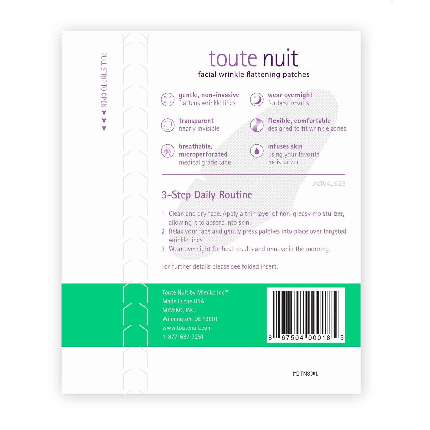 Toute Nuit Wrinkle Patches - Grooves - Face Tape for Maximum Forehead Coverage - Hypoallergenic Anti Wrinkle Patches - 20 Count, Made in USA