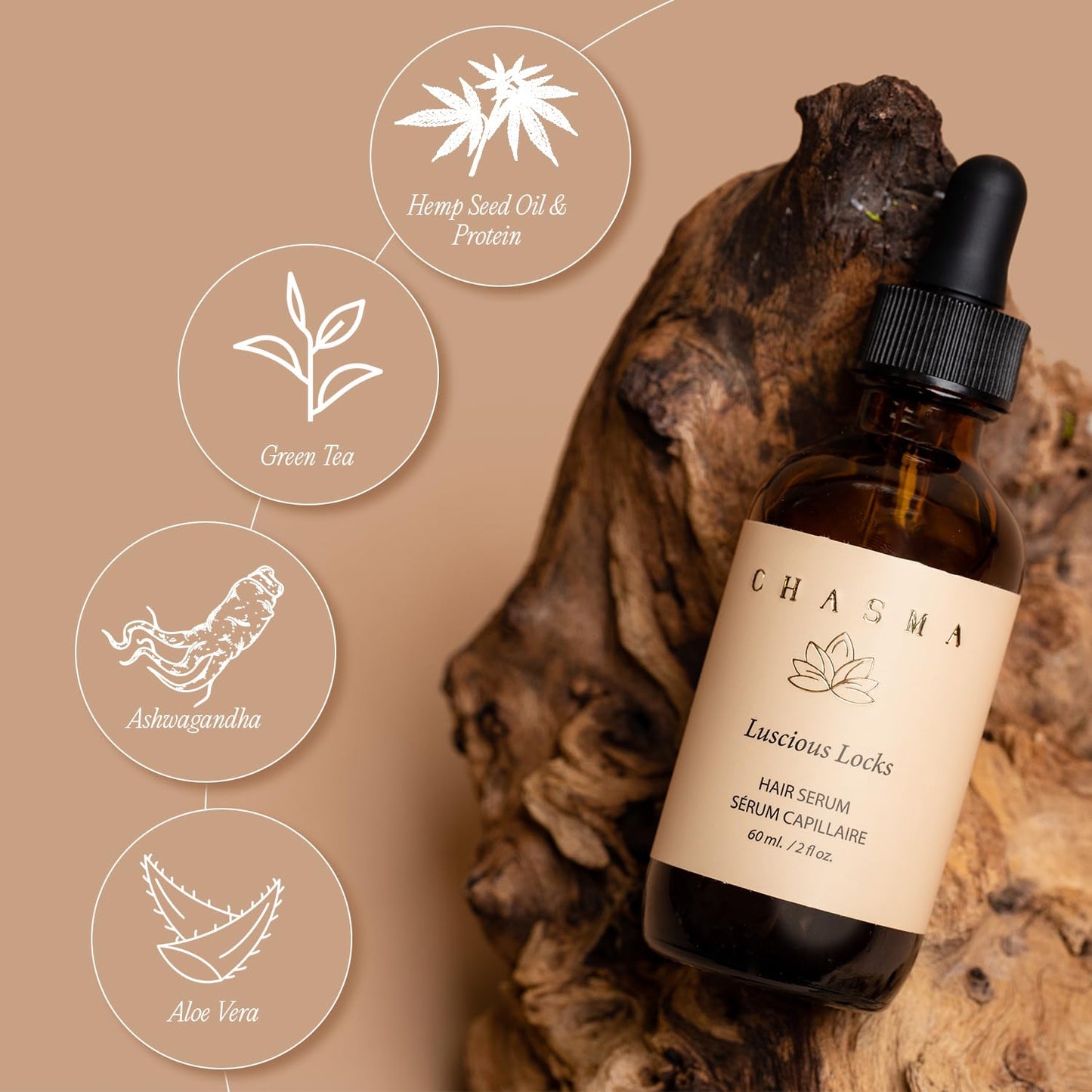 CHASMA LUSCIOUS LOCKS Non-Greasy Hair Serum with Fermented Rice Water, Rosemary Oil, Ashwagandha, Stimucap, Biotin, Coffee, and Hair Volumizing