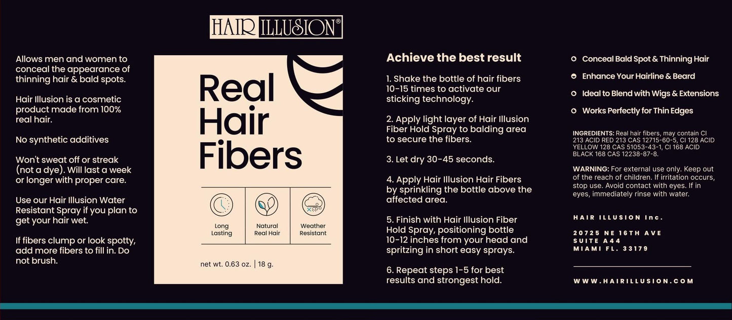 Hair Illusion Black Real Hair Fibers 18g – 100% Natural Texture, Non-Synthetic, Covers Thinning Hair & Bald Spots for Men & Women
