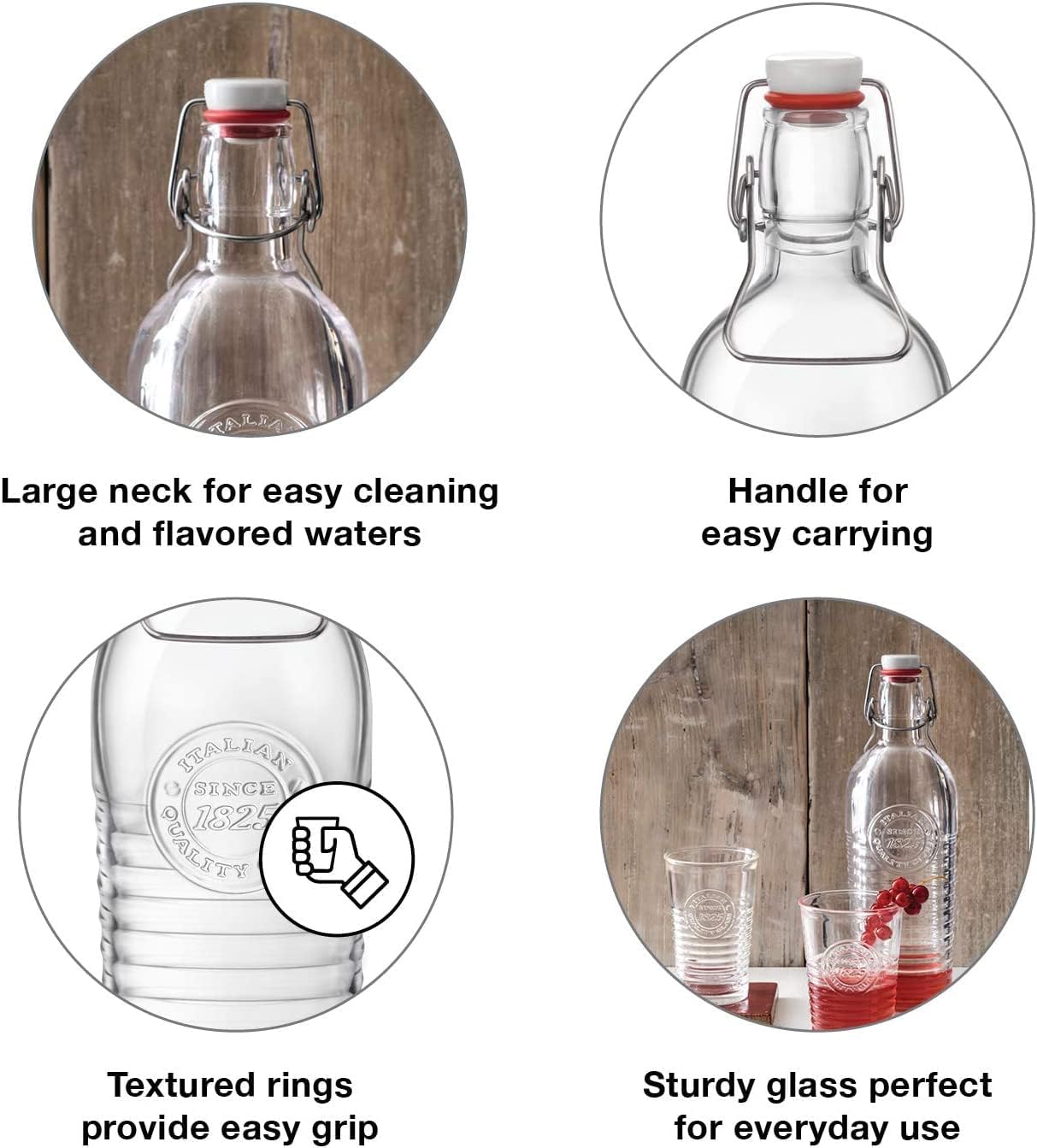 Bormioli Rocco Officina Water Bottle | 37.25 oz, Italian Glass Pitcher | Airtight Seal & Metal Clamp | Easy To Carry Handle, Dishwasher Safe