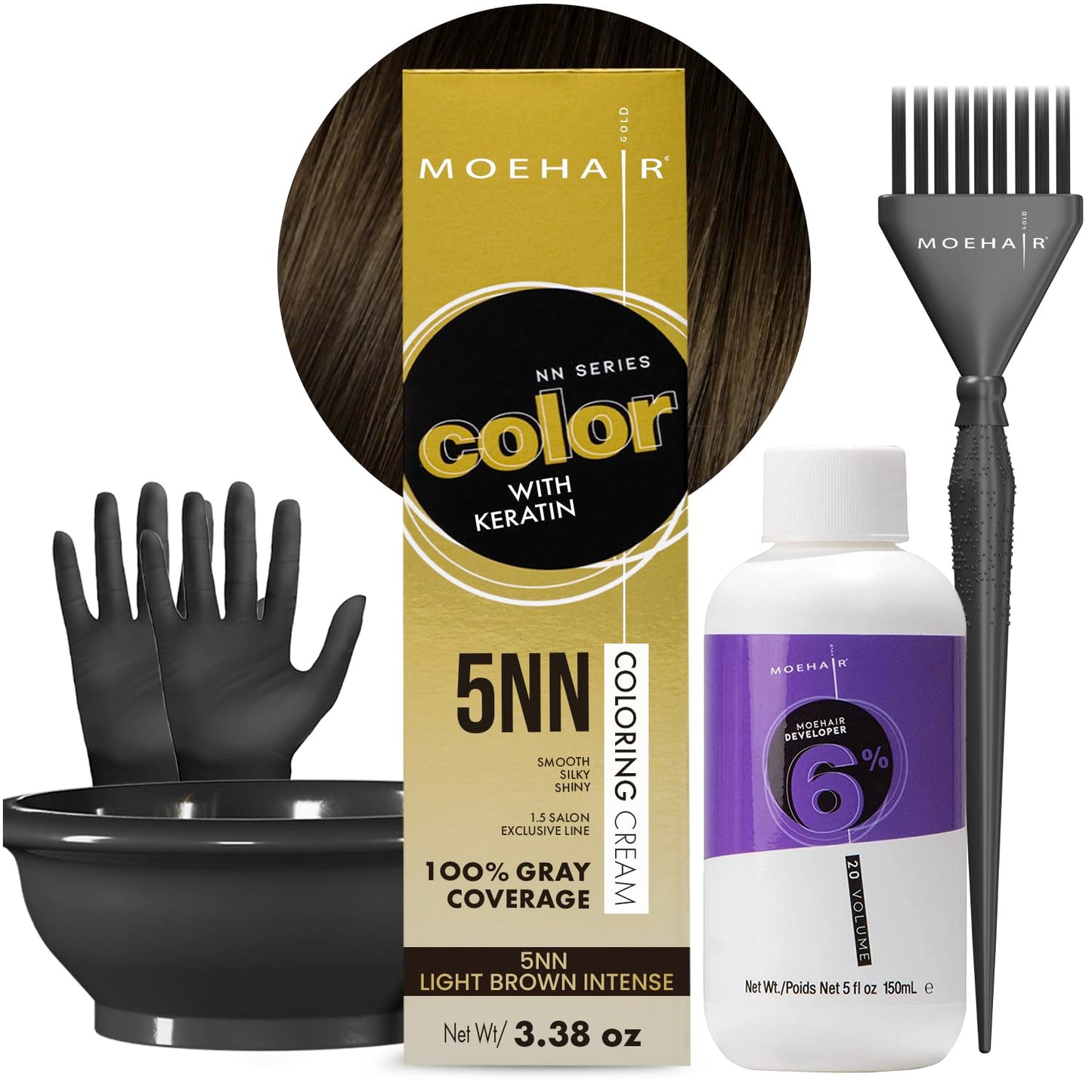 MOEHAIR Hair Coloring Kit | 5NN Permanent Hair Color (Light Brown Intense), 20 Volume Developer 6%, Coloring Brush, Gloves & Mixing Bowl | Keratin
