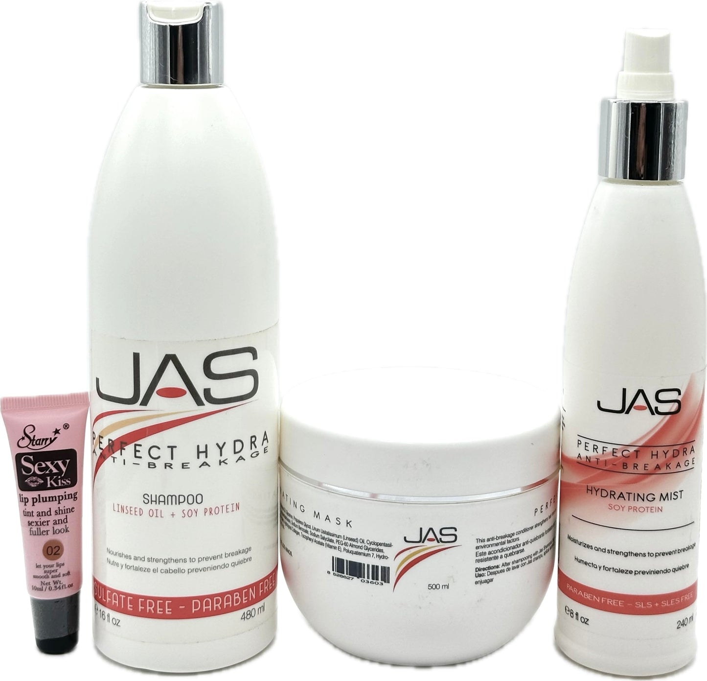 JAS Perfect Hydra Anti-breakage Shampoo & Conditioner 16 oz, Hydrating Mist 8 oz with Linseed Oil + Soy Protein "Free Starry Sexy Kiss Lip Plumping 10