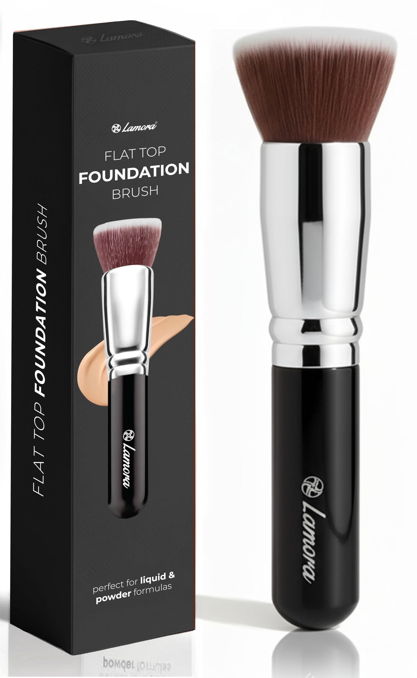 Lamora Makeup Brush Foundation Kabuki - Flat Top Face Brush for Liquid, Cream, and Powder Cosmetics - Full Coverage Blending, Buffing, Stippling
