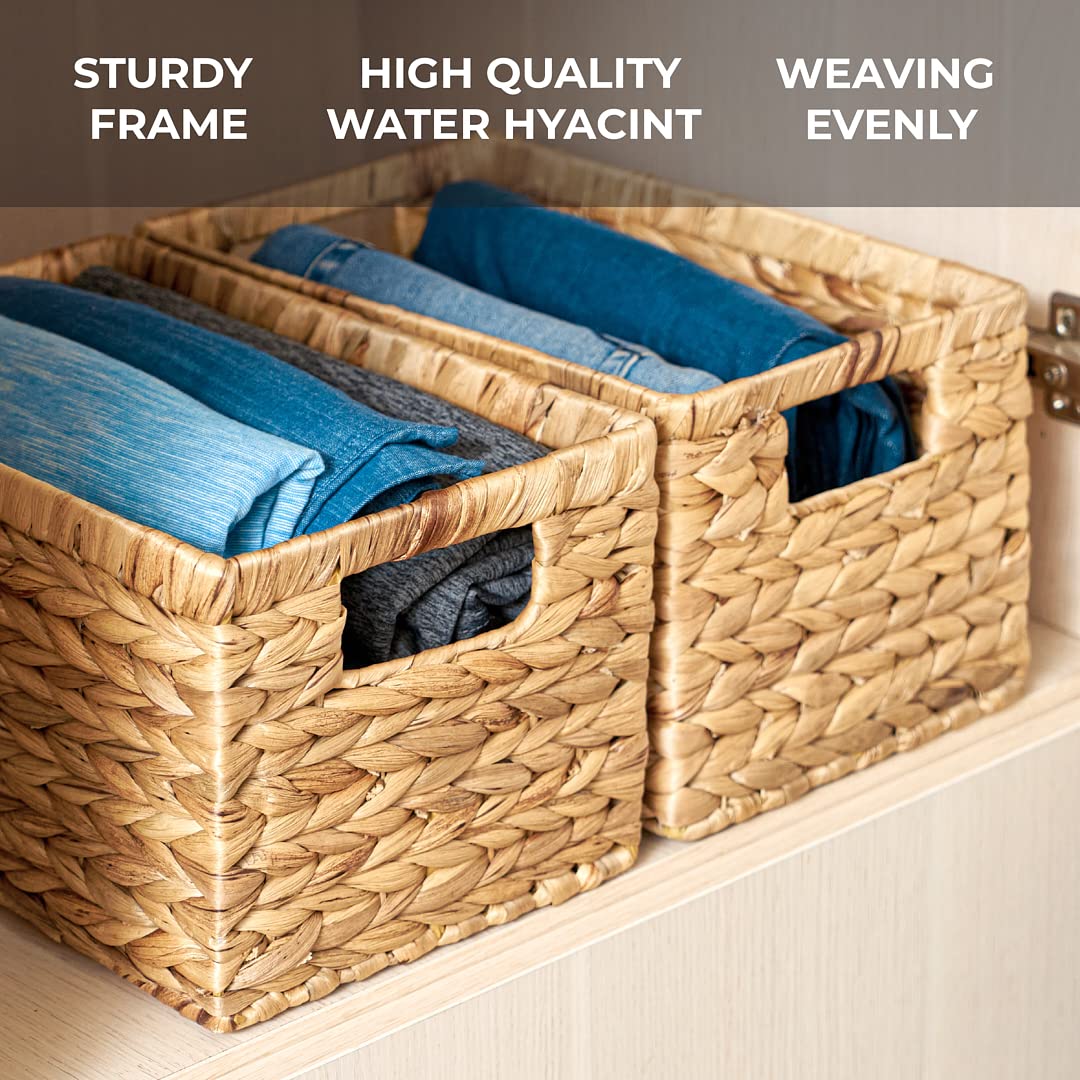 BARIEN Set of 6 Natural Water Hyacinth Woven Storage Baskets 12.6” x 8” x 7”, Rectangular Wicker Basket with Built-in Handles, Medium (Natural - Set…