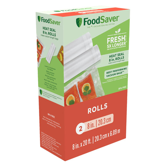 FoodSaver Vacuum Sealer Bags, Rolls for Custom Fit Airtight Food Storage and Sous Vide, 8" x 20' (Pack of 2)