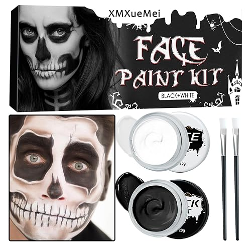 Black White Face & Body Paint Set,Professional Oil Based Face Painting Kit with 2 Brushes,Halloween SFX Makeup Palette Kit for Skull Costume Party