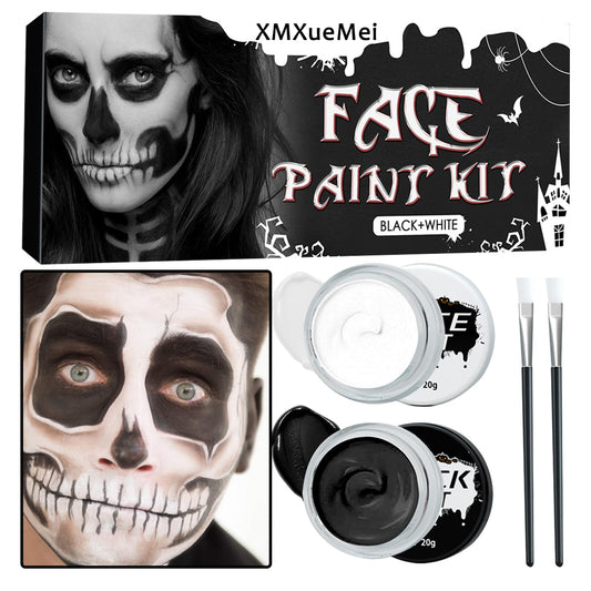 Black White Face & Body Paint Set,Professional Oil Based Face Painting Kit with 2 Brushes,Halloween SFX Makeup Palette Kit for Skull Costume Party