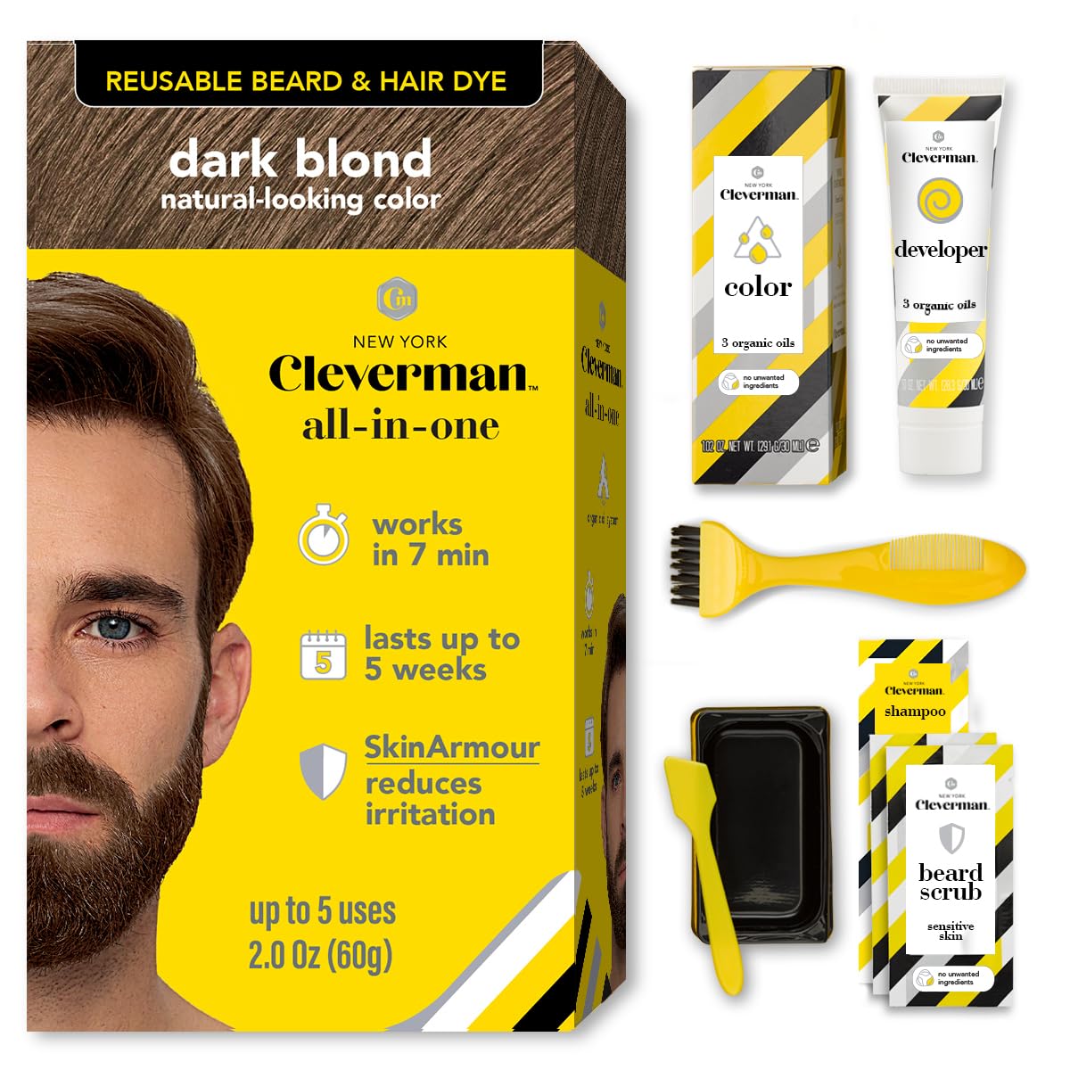 Reusable Hair & Beard Dye for Men - Dark Blond 7.01 | Up to 5 Uses, 7 Minutes | Natural Gray Coverage, No-Drip Cream with SkinArmour® - Cleverman