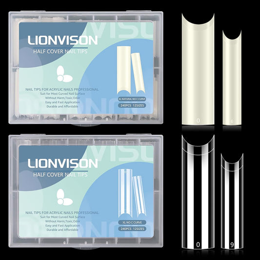 480PCS Extra Long NO C Curve Nail Tips XL, 2 Packs Natural and Clear Nail Tips for Acrylic Nails Professional Set, 12 Sizes Straight Tapered Square