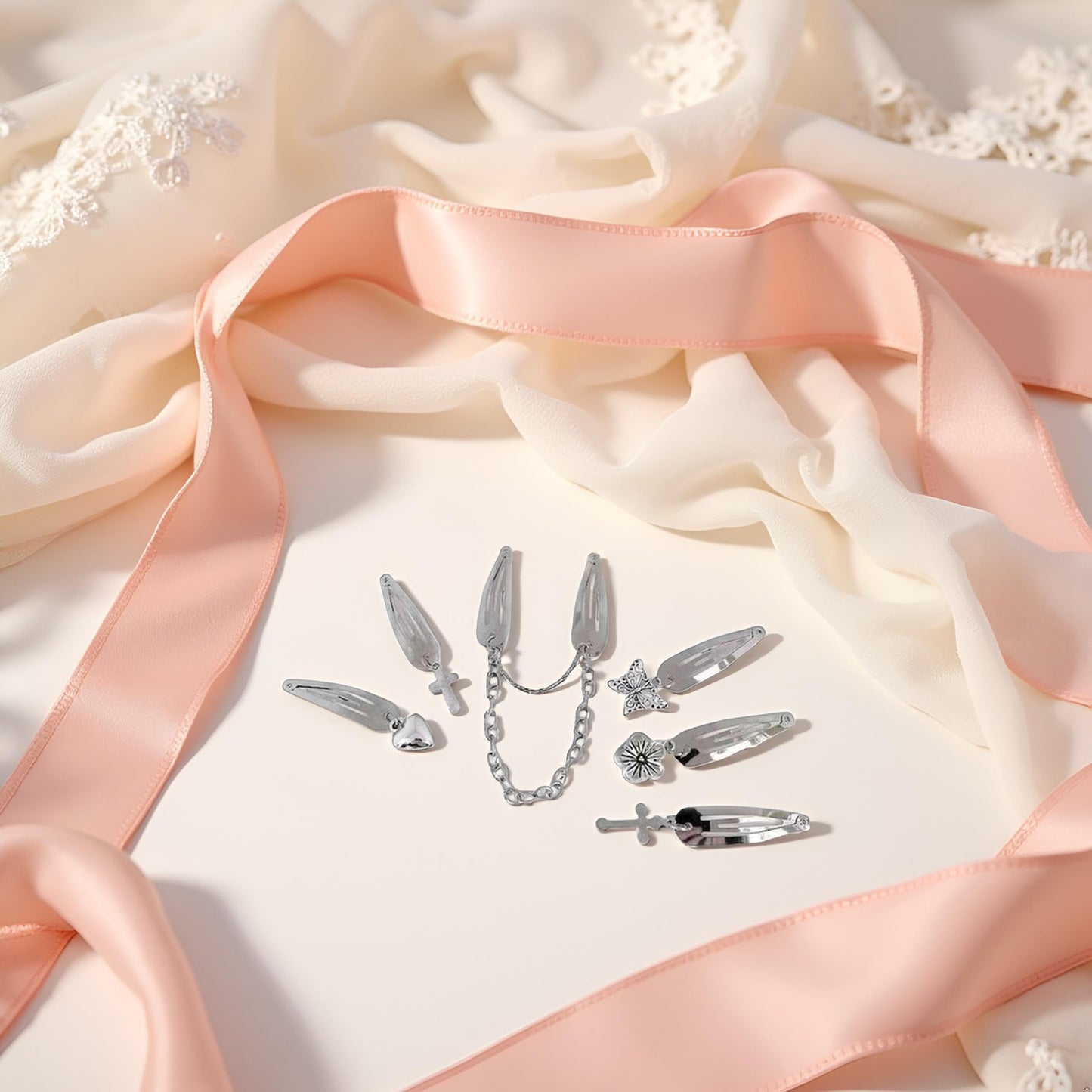 2pcs/Set Metal Snap Hair Clips Chain Silver Color Cross Heart Hair Barrettes Clips with Pendant Girls Hair Accessories