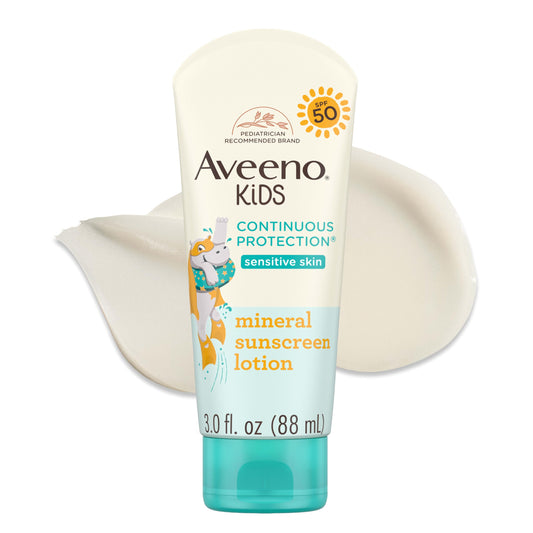 Aveeno Kids Continuous Protection Zinc Oxide Broad Spectrum Sunscreen Lotion for Kids’ Sensitive Skin. SPF 50 Oxybenzone Free Sunscreen, Tear