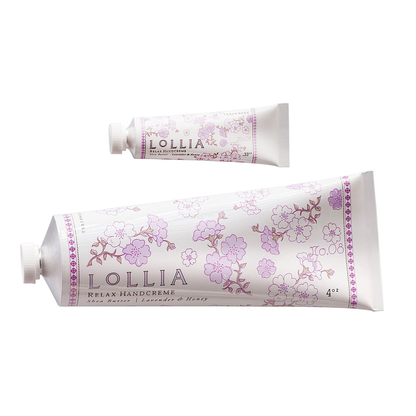 LOLLIA Relax Handcreme Bundle, 4 oz. & .33 oz. - Lavender & Honey - Scented Hand Cream for Women, Moisturizing Hand for Dry Hands, Shea & Cocoa