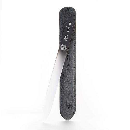 GERMANIKURE Glass Nail File in Suede Sleeve - But First Coffee - Professional Crystal Nail File for Natural Nails - Ideal Manicure & Pedicure Tool