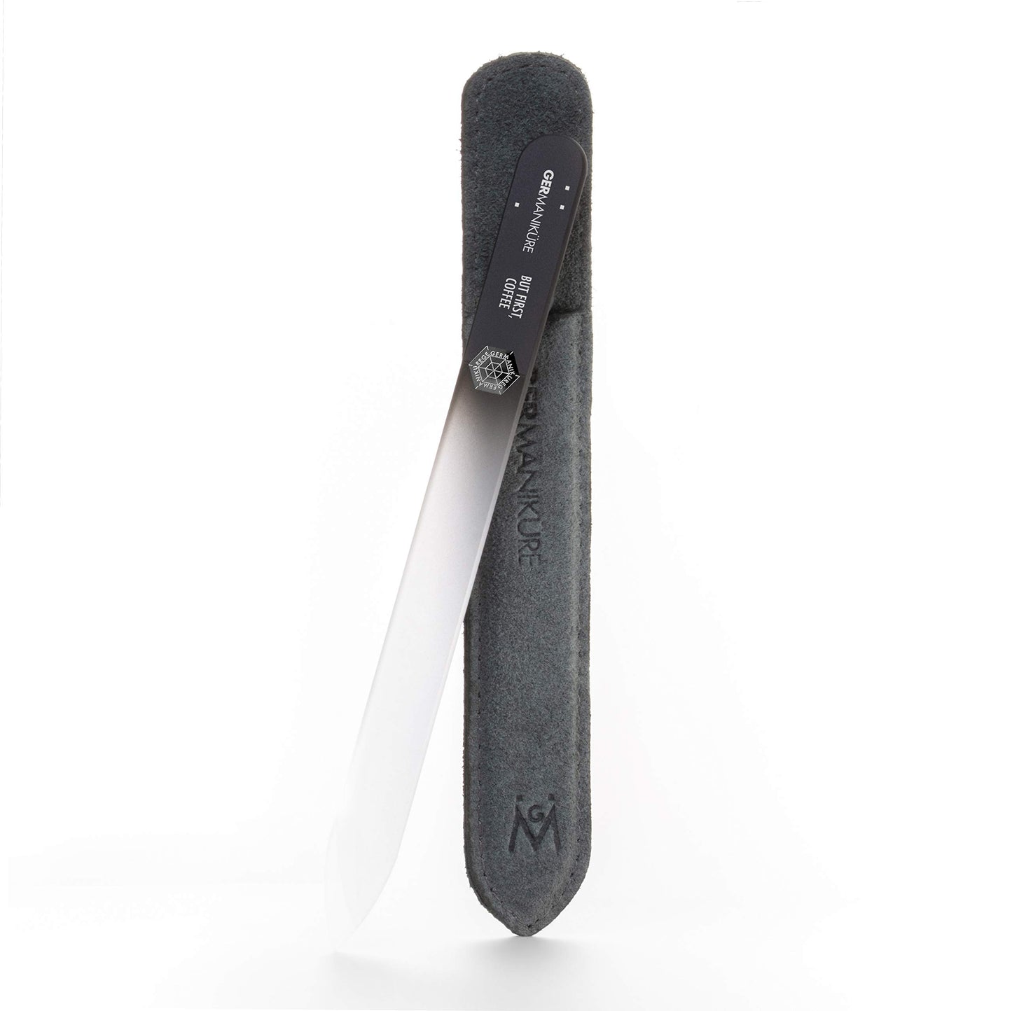 GERMANIKURE Glass Nail File in Suede Sleeve - But First Coffee - Professional Crystal Nail File for Natural Nails - Ideal Manicure & Pedicure Tool