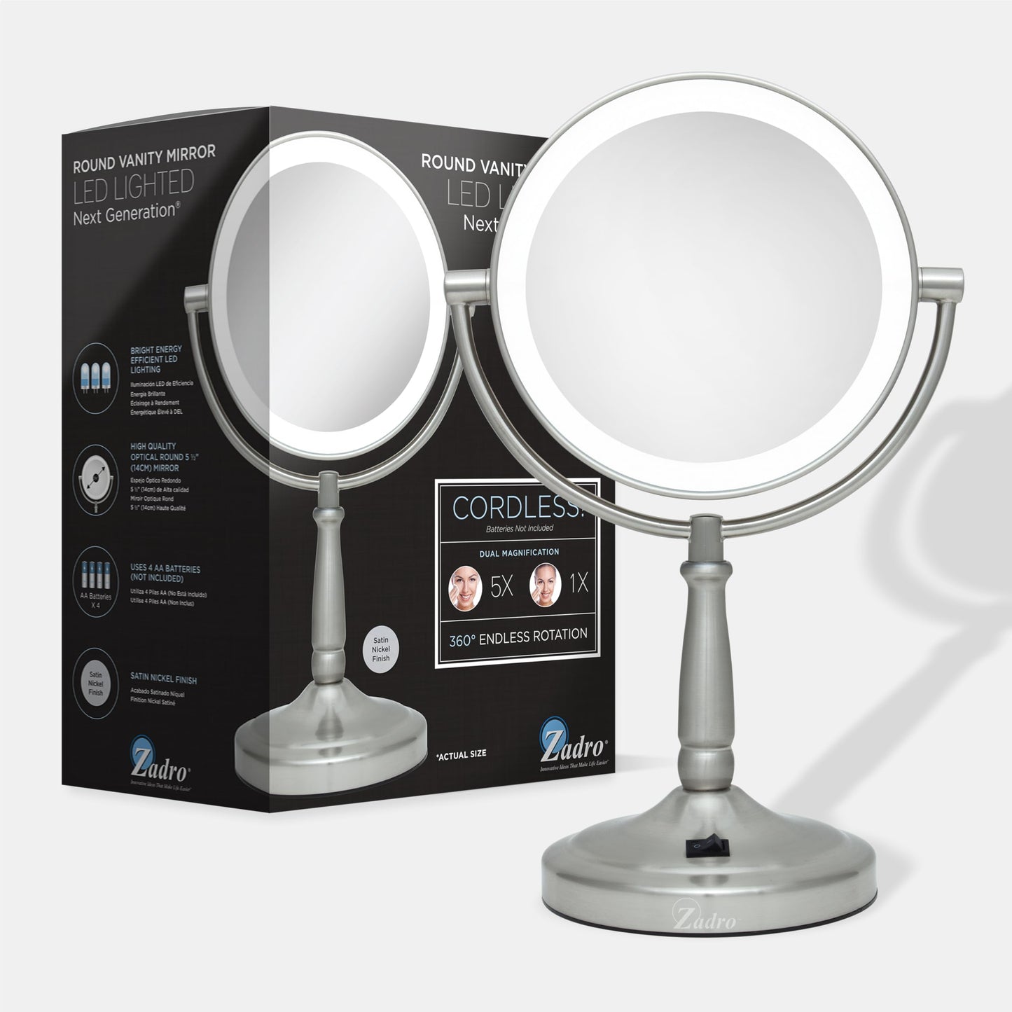Zadro 9" Round LED Makeup Mirror with Lights and Magnification 5&10X/1X AA Battery Operated Swivel Lighted Makeup Mirror