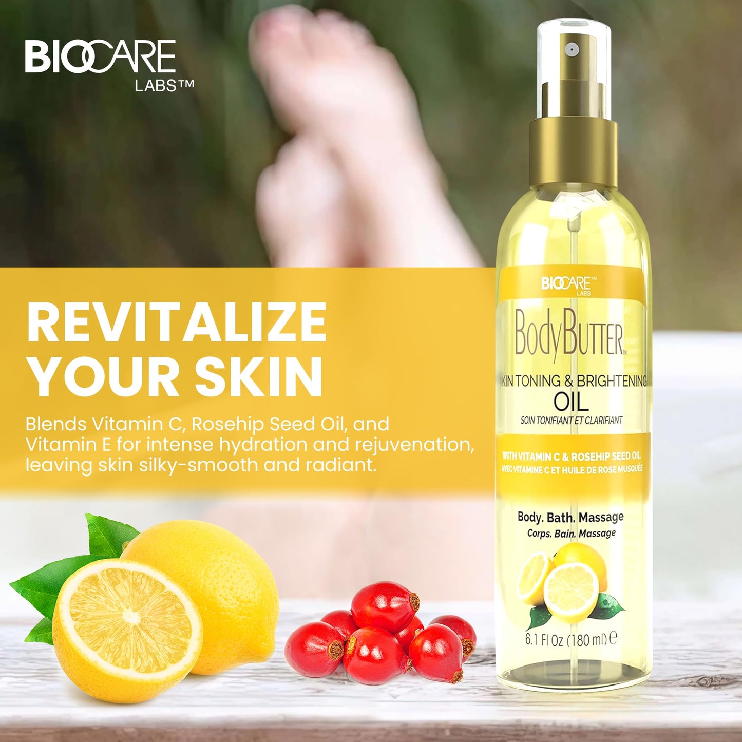 Biocare Skin Toning & Brightening Oil - Infused with Vitamin C, Rosehip Seed Oil, Vitamin E - Nourishing and Non-Greasy Body Oil for Hydrated