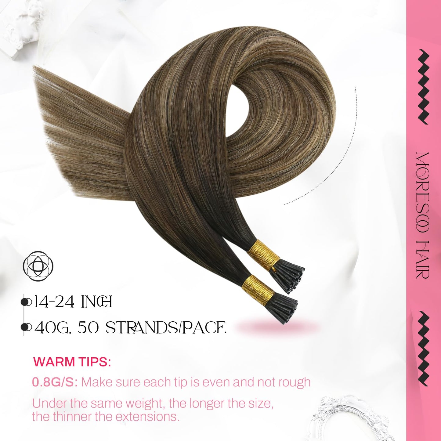 Moresoo I-Tip Extensions Human Hair, Pre Bonded Stick Tipped Real 20 Inch, 40G 50 Strands, Flat Iron Friendly Chemical-Free Tint for Fine Head Beauty and Personal Care Moresoo