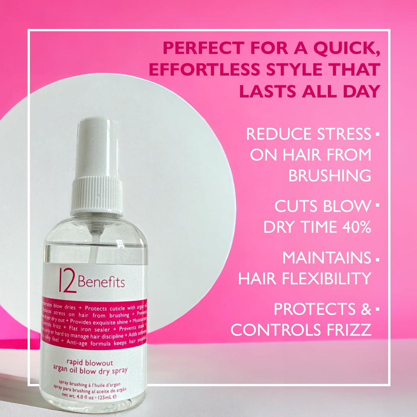 12 Benefits RAPID BLOWOUT ARGAN OIL SPRAY - Cut Blow Dry Time by 40% - Heat Protectant, Nourishes, Smooths Frizz, Adds Shine & Softens Damaged Hair, 4