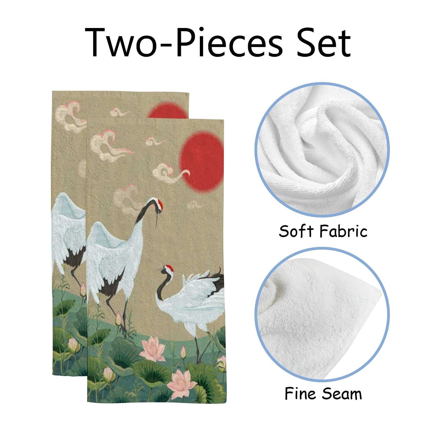 Hapuxt Hand Towels Face Towels Set of 2 Japanese Cranes Lotuses Asian Oriental Style Soft Comfortable Polyester Microfiber Fast Water Absorbent…