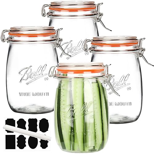 Anwoi Wide Mouth Glass Jars with Airtight Lid 32OZ 4 Pack, Kitchen Storage Large Clear Canister Jars with Hinged Lid with Measurement Marks…
