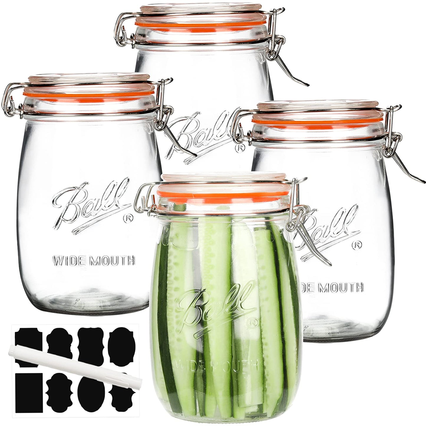 Anwoi Wide Mouth Glass Jars with Airtight Lid 32OZ 4 Pack, Kitchen Storage Large Clear Canister Jars with Hinged Lid with Measurement Marks…