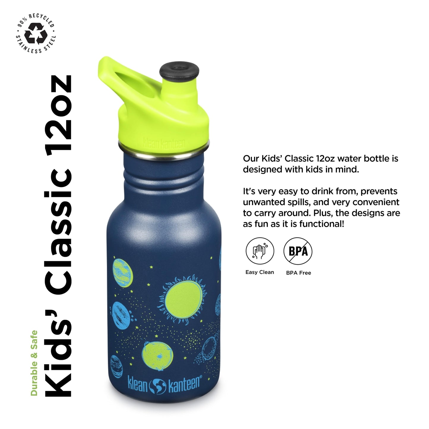 Klean Kanteen Classic Kid's Water Bottle with Sport Cap - Durable Stainless Steel Water Bottle for Children 4+ - Dishwasher-Safe & BPA-Free