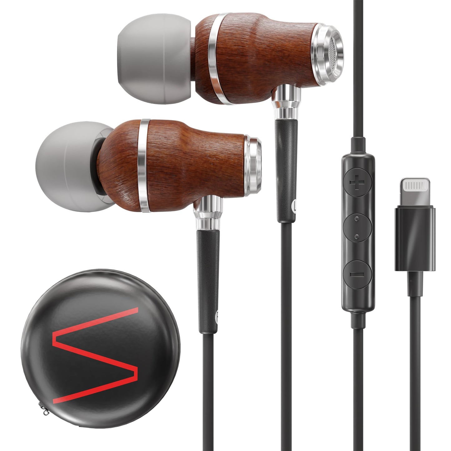 Symphonized iPhone Earphones Wired Deep Bass Sound, 3D Sound, Microphone Volume Control, 90% Noise Cancelling, Bubinga Wooden with Lightning (Apple