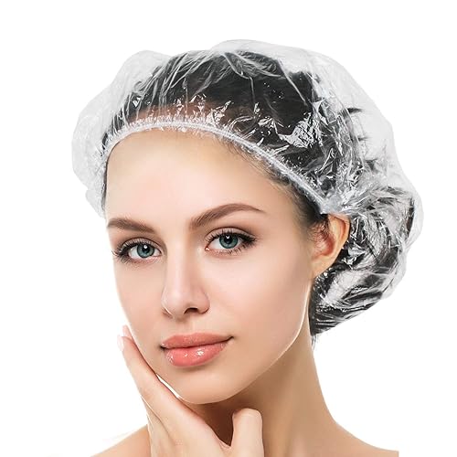 Auban 100PCS Disposable Shower Caps Independent Packing, Plastic Clear Hair Cap Large Thick Waterproof Bath Caps for Women, Travel Essentials