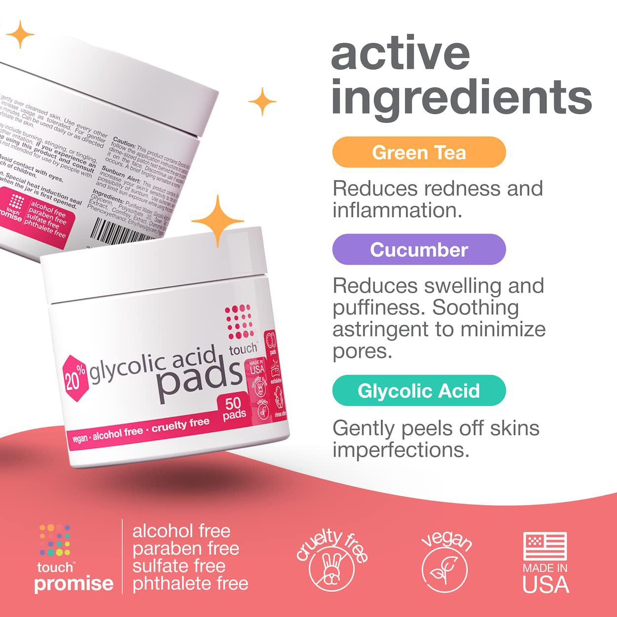 TOUCH 20% Glycolic Acid Pads Exfoliating And Resurfacing AHA Peel Face Wipes - Great for Dullness, Pores, Scars, Fine Wrinkles, Uneven Skin Tone